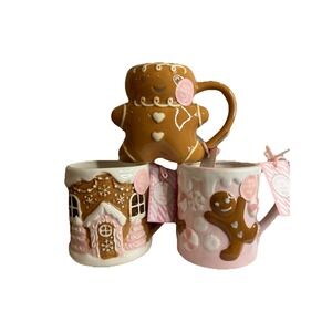 NEW Peppermint & Pine Gingerbread Handpainted Holiday Mug Bundle Boy House Pink